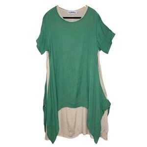 Cherie Bliss Green Tan Layered Dress Sz M Crinkled Asymmetrical Hem Lagenlook